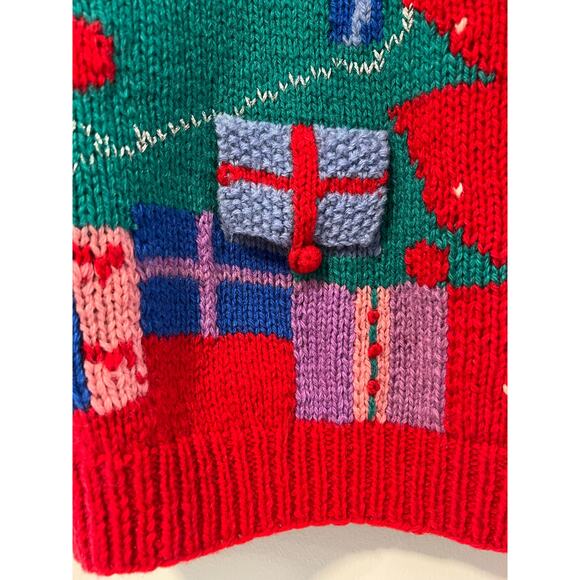Vintage Wool Ugly Christmas Sweater Hand Knit Tree and Gifts Red Green Medium JL - Picture 4 of 11